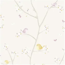 Casadeco My Little World Stoff Vögelchen lila grau lime, Stoff, Mehrfarbig