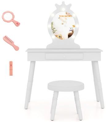 Costway Kids Vanity Set with Lighted Mirror with Adjustable Brightness and Large Drawer-White