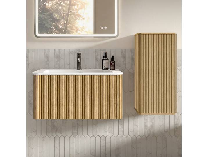 Meuble De Salle De Bain Avec Vasque 80 Cm Mural\, Avec Colonne\, Chêne Havrya