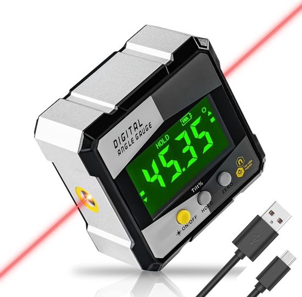 Digitale Hoekmeter met LCD-scherm en USB-oplader, Zilver, inclusief opbergtas