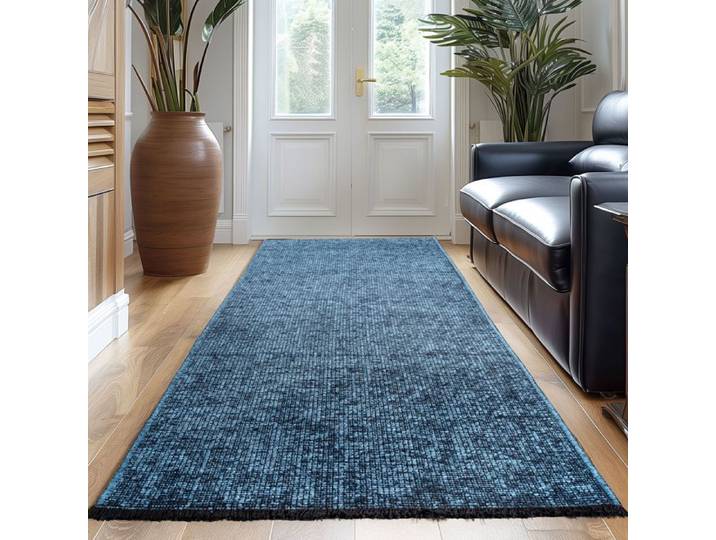 Carpetsale24 Tapis Runner en Coton Chenille Bleu 80x250 cm Lavable Antidérapant et Doux Pour Salon Chambre & Couloir
