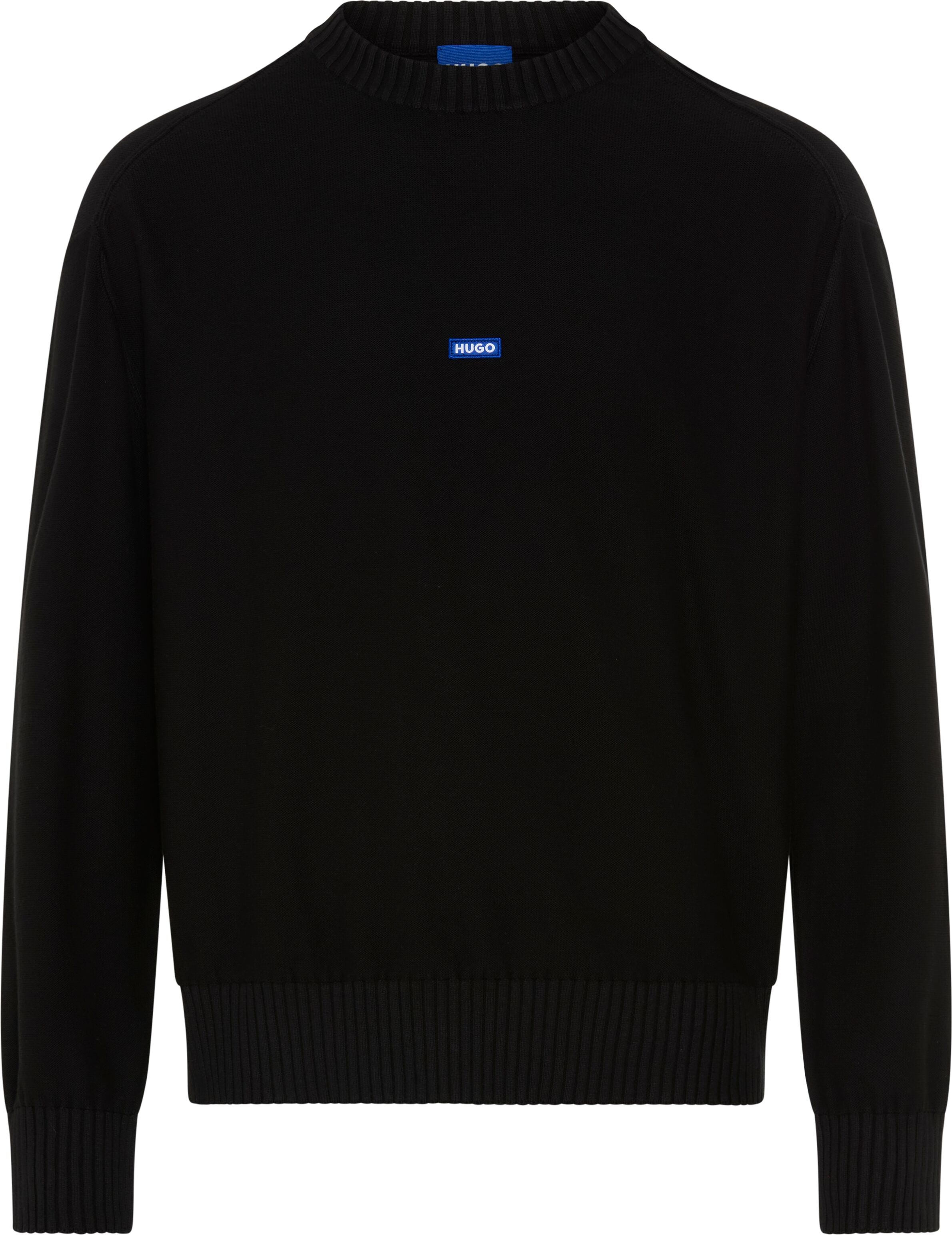 Strickpullover HUGO, Herren, Gr. L, schwarz (schwarz001), Strick, Obermaterial: 100% Baumwolle, relaxed fit normal, Rundhals, Bündchen, Pullover Strickpullover, Relaxed Fit, Rundhalsausschnitt, softe Strickqualität