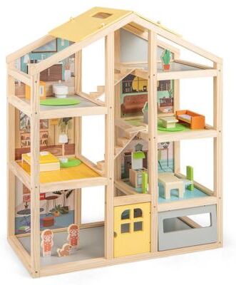 Costway Wooden Dollhouse for Kids Modern Family Pretend Playhouse with Furniture Pieces and Figures-Natural