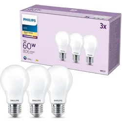 Philips LED-Glühbirne Set 3x E27 A60 7W 2700K Warmweiß matt – energieeffiziente Standard LED Lampen für gleichmäßige Raumbeleuchtung