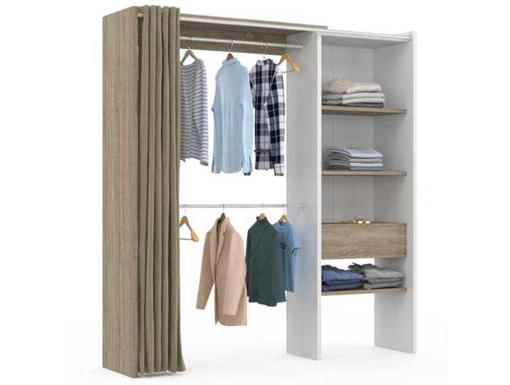 IDMarket - Dressing extensible double MARTY 120/170 x 50 x 180 cm blanc Coloris blanc et hêtre\, avec double penderie + 4 étagères hêtre + 1 tiroir hêtre + rideau taupe