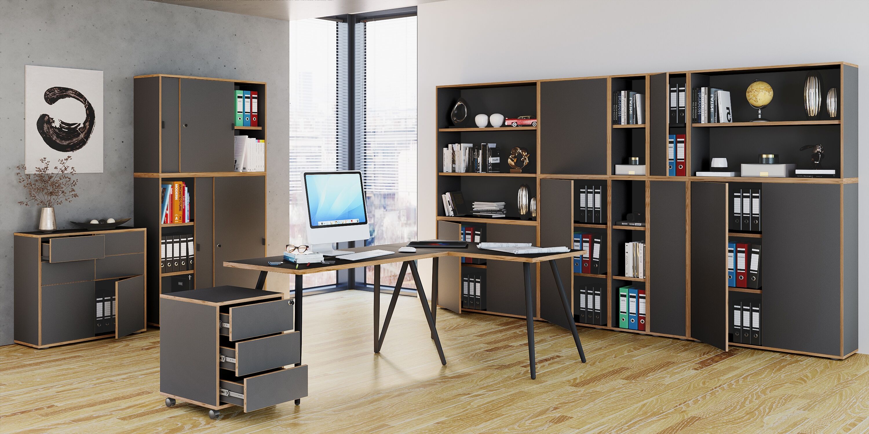 Container VCM "Holz Rollcontainer Bürocontainer Salia 3 Schublade", schwarz (anthrazit), B:42cm T:70cm, Obermaterial: 100% Holz Wood., Rollwagen, Container