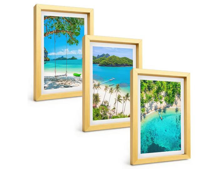 Tulup Bilder SET 3er Set - 20x30 cm Goldrahmen - Strände, Palmen, klares Wasser, Goldfarben, Kunststoff, Rechteckig, 20x30 cm, einfache und schnelle Anbringung, Bilder & Rahmen, Bilder