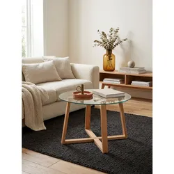 Couchtisch rund aus massiver Eiche und Glas in modernem Design, 58x58x47 cm