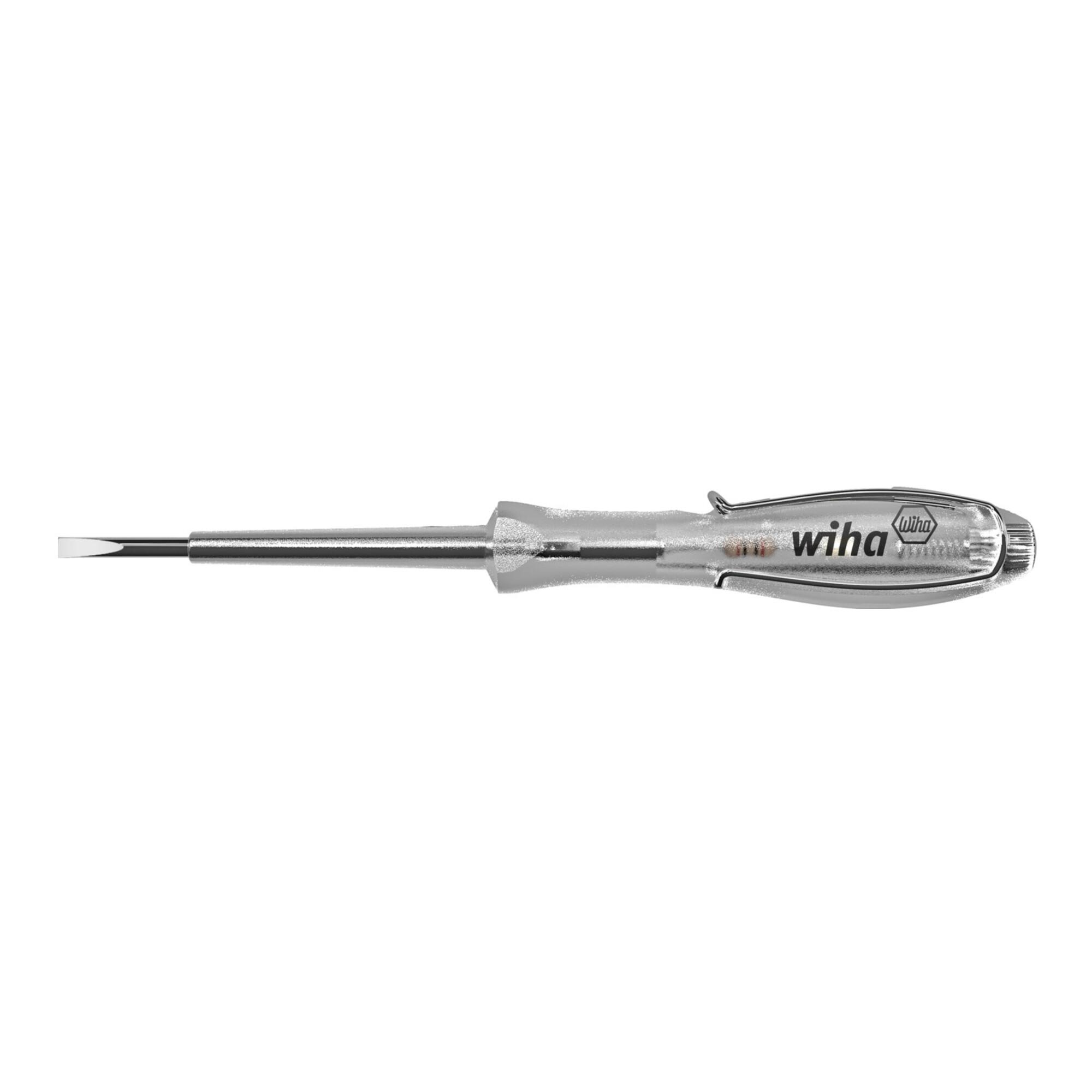 Wiha Spannungsprüfer SoftFinish® einpolig, 110 - 250 Volt Schlitz transparent, mit Ansteckclip 3 mm (34745)