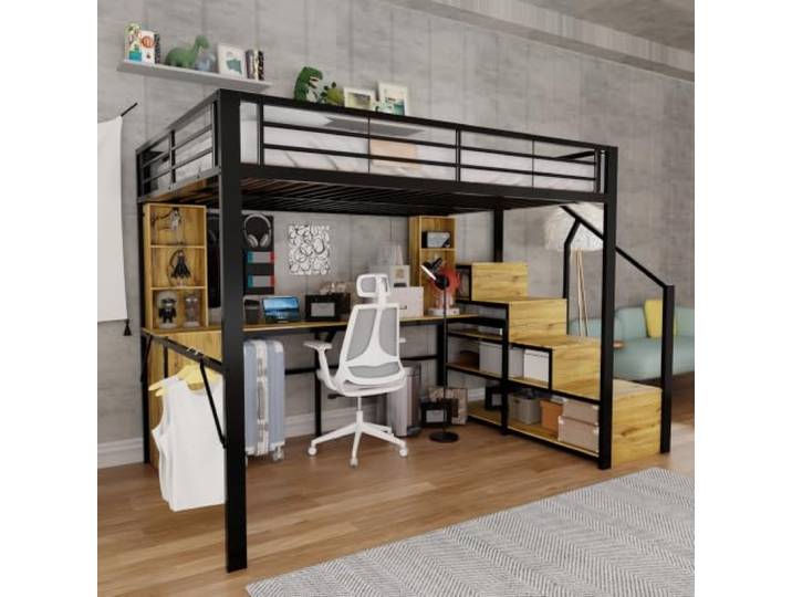 FAVSH Hochbett 140x200 cm mit Stauraum, Stabiler Eisenkonstruktion, Schreibtisch, Ablagefächern, Schrank und Stauraumtreppe, USB-Ladeanschluss am Tisch, ohne Matratze, Schwarz