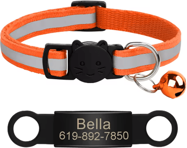 Inspire Picks Personalized Reflective Cat Collar With Engraved ID Nameplate & Bell orange 341