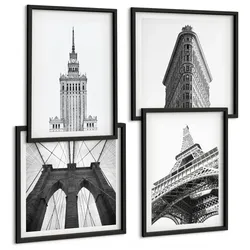 BILDER SET 4er Set - 50x50 cm & 40x60 cm Schwarzer Rahmen - Architektur Schwarz-Weiß-Minimalismus