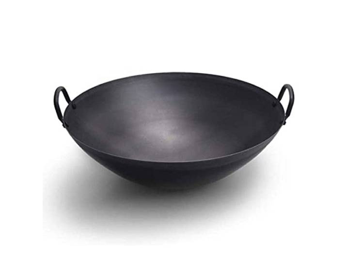 ZXFDMSWJ Wokpfanne aus Gusseisen, chinesischer Wok mit Wok mit rundem Boden, Woks und Bratpfannen, vorbehandelt für antihaftbeschichtete Oberfläche, für Elektroherd, Induktion, groß, schwarz, 55 cm/