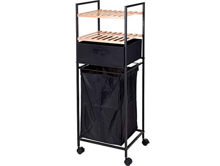 Home @ Styling Collection Badezimmerwagen mit Regalen und Wäschesack, 2-in-1, Bambus
