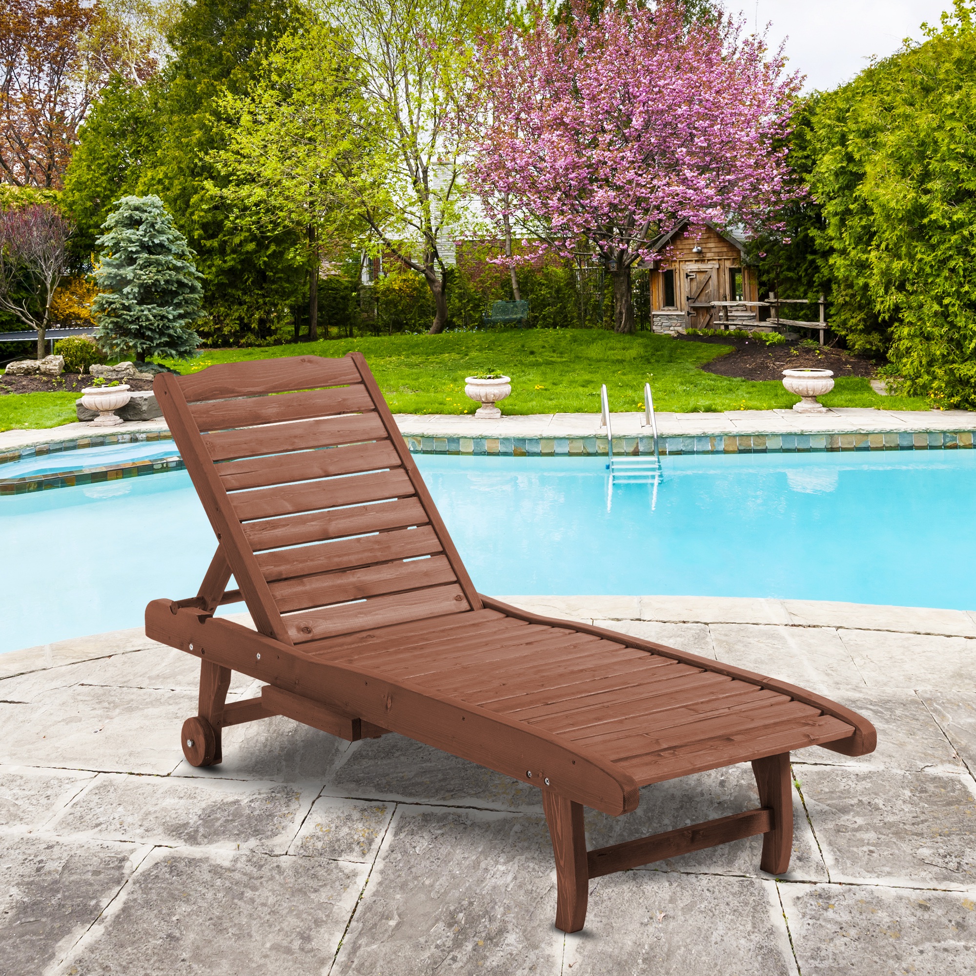 Outsunny Lettino da Giardino in Legno Reclinabile su 3 Livelli con Vassoio Estraibile, Lettino Prendisole con Ruote, 182x60x35cm   Aosom Italy