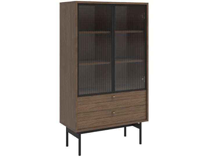 Selsey Vitrine Glas Vitrinenschrank Glasvitrine Wohnzimmer Glastür Niedrig 85 cm 2 Schubladen 3 Fächer Carini Walnuss Olar
