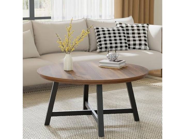 GarveeHome 91 cm Runder Kaffeetisch, Couchtisch Mit Metallbeinen, Moderner Beistelltisch Mit 4 cm Starker Tischplatte, Für Wohnzimmer, 91,4 x 91,4 x 47 cm