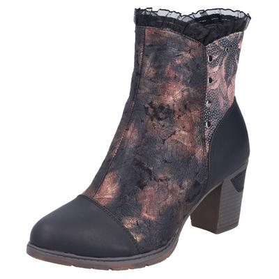 Stiefelette RIEKER, Damen, Gr. 38, bunt (schwarz, antik), Lederimitat, Textil, Antik-Look, Glanzfaden, Schuhe Stiefelette, Trachtenstiefelette, Festtagsstiefelette, Blockabsatz, mit Warmfutter