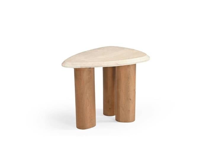 Bout de canapé travertin et bois design organique