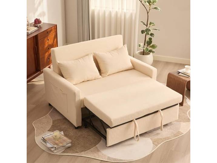 Litbird Schlafsofa 2-Sitzer, 3-in-1 ausziehbares Sofa Bett, Cordstoff Schlafcouch mit Verstellbarer Rückenlehne und Seitentaschen, für Wohnzimmer und Gästezimmer,Beige