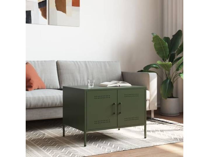 Couchtisch, Oliv, 68x50x50,5cm, Stahl Stahlrahmen, 2 Fächer, olivgrün, industrieller Stil, einfache Reinigung, Wandbefestigung