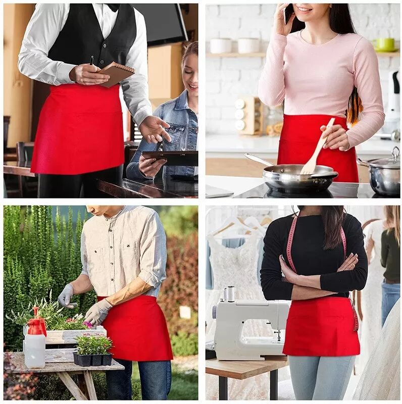 INF Tablier Court Sans Manches - Tablier de Taille en Polyester pour Restaurant, Café et Personnel de Service Rouge