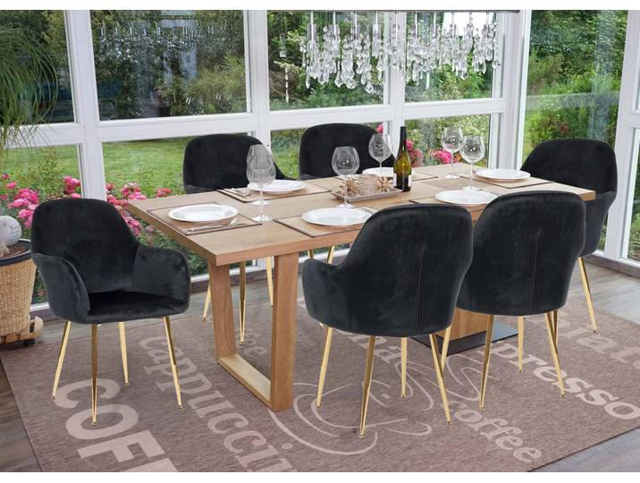 6er-Set Esszimmerstuhl HWC-F18, Stuhl Küchenstuhl, Retro Design Samt schwarz, goldene Beine