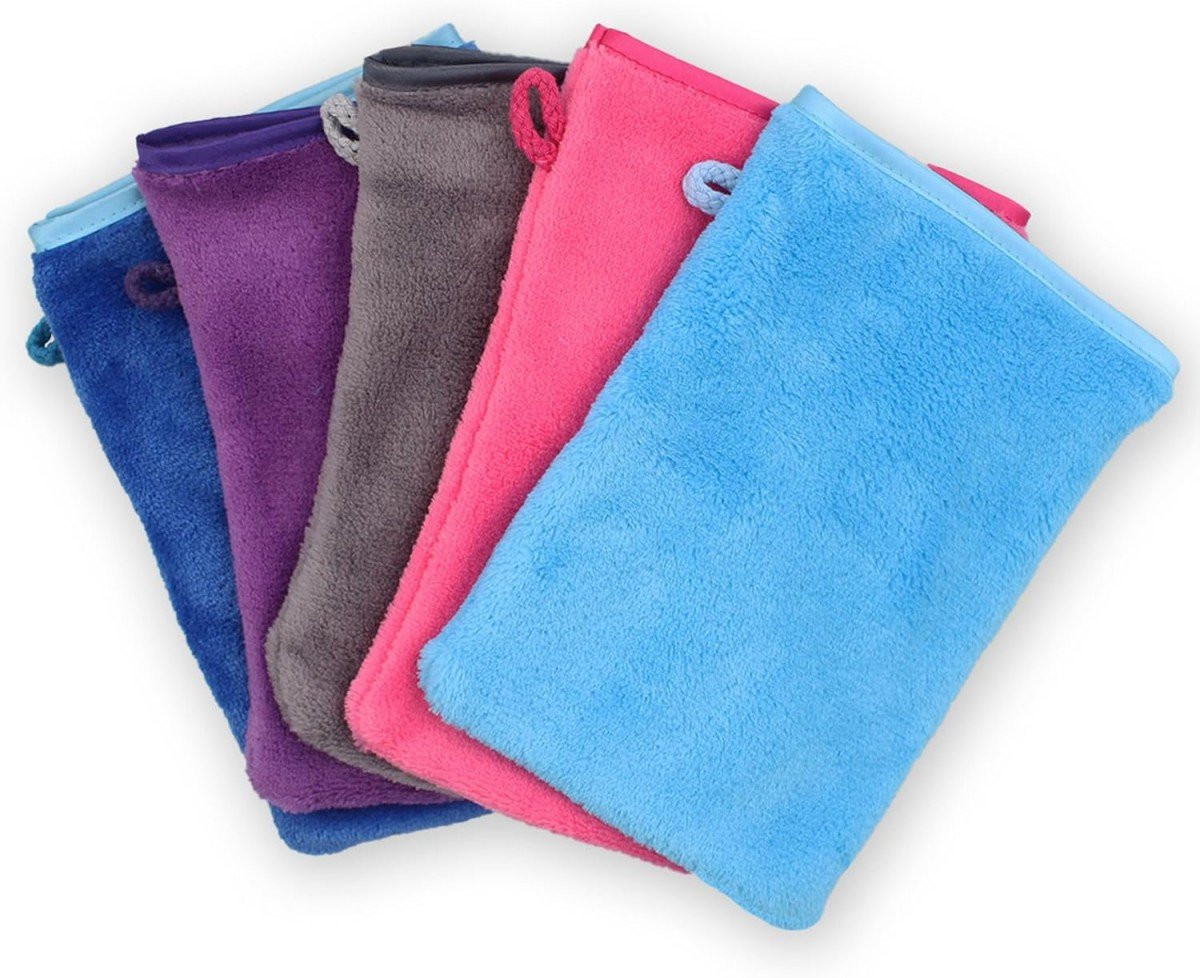 Set van 4 exfoliërende handschoenen en washandjes met handpop voor dagelijkse huidverzorging, 15 x 20 cm