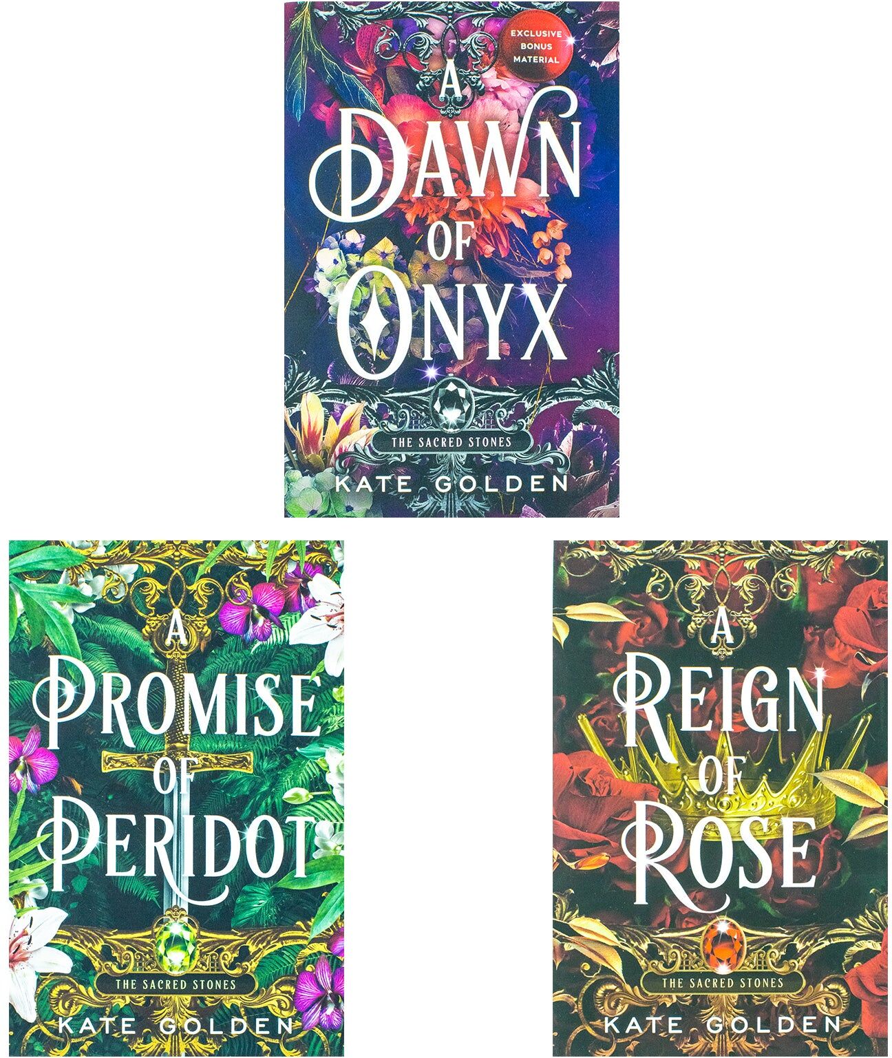 Arcadia Sacred Stones Series 3 Books Collection Set By Kate Golden   Epic Fantasy Romance Trilogy - A Dawn of Onyx, A Promise of Peridot and A Reign of Rose