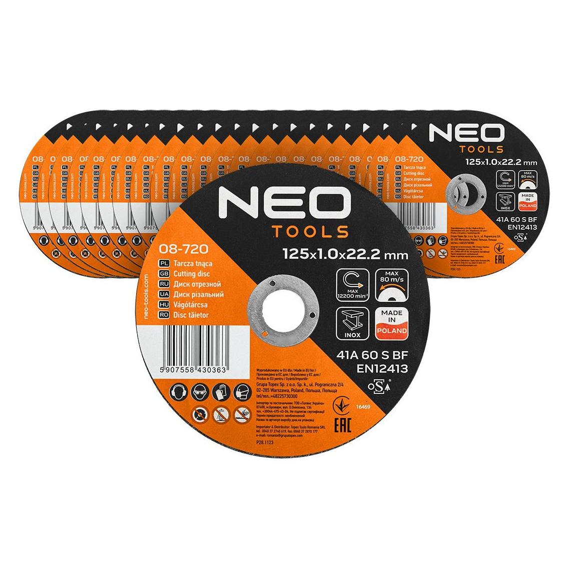 Neo Tarcze tnące do metalu/INOX 125 x 1.0 x 22 2mm 41 A60-S-BF 25 szt. kartonik. Wyprodukowano w PL (08-720)