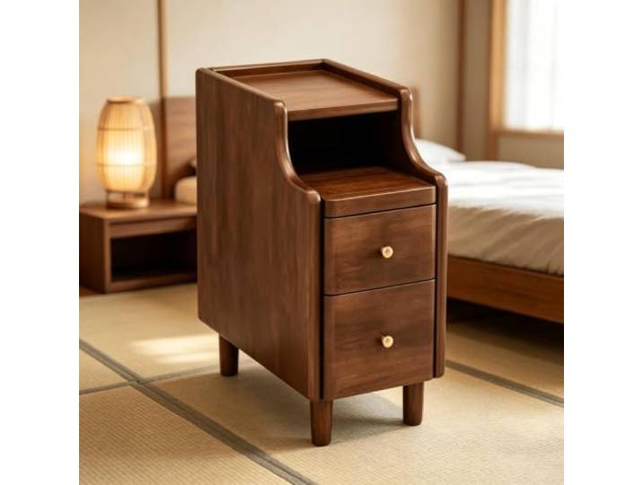 kumamart Nachttisch aus Massivholz, Schmaler Beistelltisch für Schlafzimmer Kompakter Massivholz Beistelltisch mit dreistufigem Stauraum für Schlafzimmer.(Walnut,11.81in)