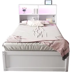 OKWISH Multifunktionsbett 90×200 aus Massivholz mit Stauraum, hydraulischem Bett, integrierter Steckdose, LED-Kopfteilbeleuchtung und Musikfunktion, Weiß