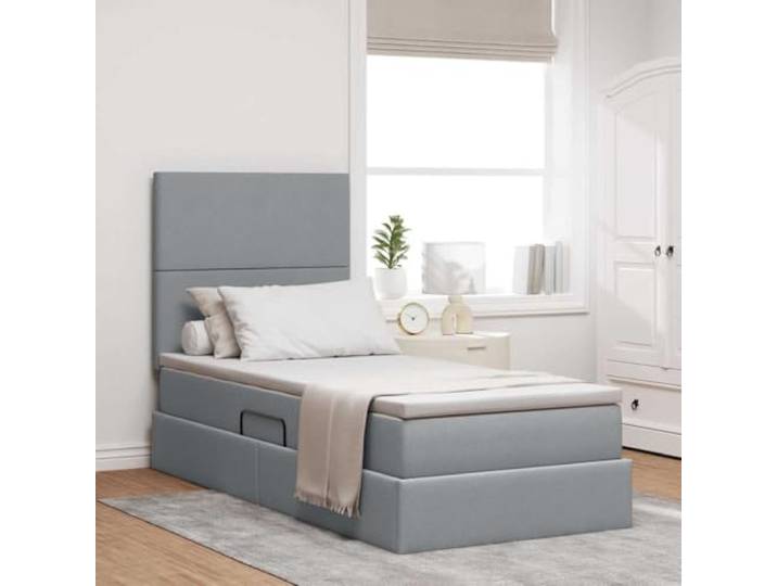 Stauraumbett mit hydraulischem Liftsystem seitlich geöffnet 90 x 200 cm Aufbewahrungsbett mit Matratze Hellgrau 90 x 200 cm Polyester Bettgestell mit Stauraum und Hydraulik-Liftsystem