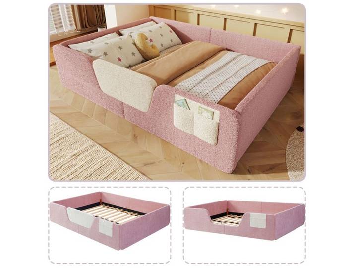 Lit rembourré - Unique - 140 x 190 cm - Velours rose - Barrières de sécurité amovibles