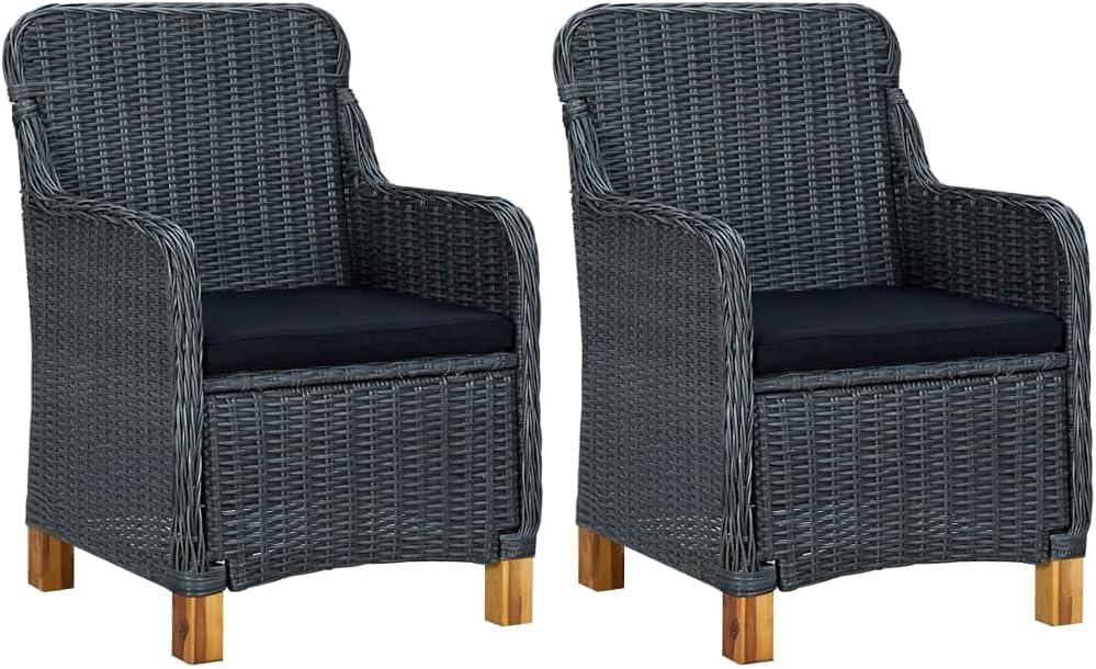 2er-Set Gartenstühle aus dunkelgrauem Poly-Rattan mit schwarzen Kissen, Akazienholzbeinen und wetterfestem Material für Terrasse, Balkon und Garten, belastbar bis 110 kg