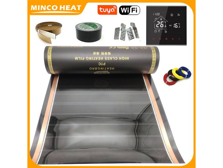 Minco Heat 50/80cm de largeur 200~240V 50/60Hz 240W pour tapis chauffant de sol, film chauffant en graphène PTC, kit d'installation de thermostat
