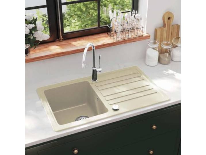 Granit-Küchenspüle Einzelbecken Beige Unterputz, wendbar, extra tiefe Wanne, inklusive Korbsieb, kratzfest und hitzebeständig bis 280 °C