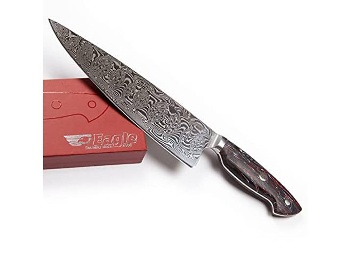 Eagle U-Grip - Chefmesser 23 cm Klingenlänge - Voll-Damaststahl 108 Lagen/Heftschalen: G10 schwarz-rot-weiß