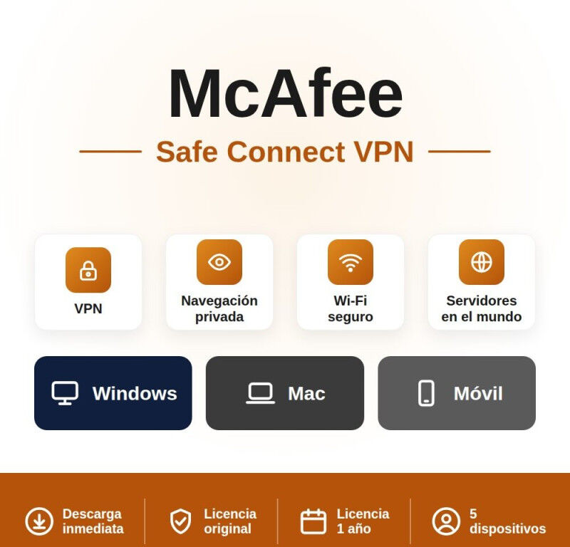McAfee Safe Connect VPN - 5 Dispositivos - 1 Año