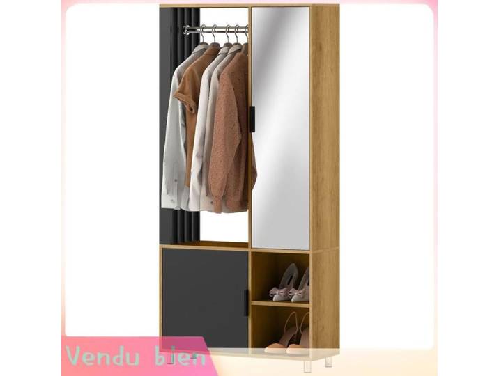 LIA Armoire chambre penderie miroir compartiments ouverts placard tringle 80x30x170 cm naturel