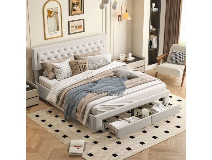 Lit 160x200 cm avec 2 tiroirs ADWOLT lit coffre 160x200 cm avec sommier à lattes lit adulte 160x200 cm tissu en velours beige