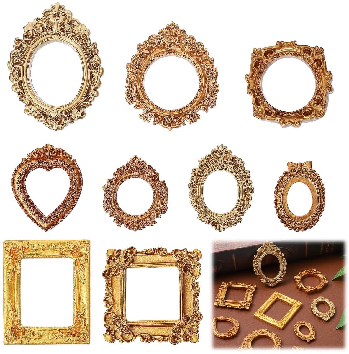 Dailygoods Set van 9 Mini Fotolijsten - Vintage Barok Kunsthars Wanddecoratie en Sieraden Display