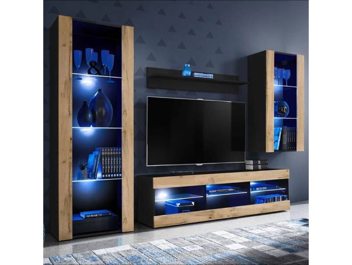 Meuble TV Tivoli Set Medio Komodee - LED bleues - Bois naturel Mat ET Noir - 195x159x35 cm