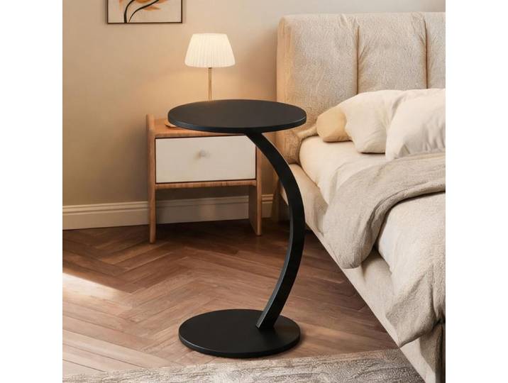 Table d'appoint ronde en forme de C design industriel métal deep black gain de place