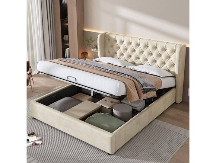 Lit coffre adulte 160x200 cm Lit double rembourr en velours avec Rangement et Sommier lattes - beige