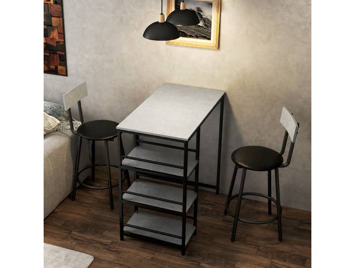 HOMCOM Ensemble Table Bar 2 Tabourets Rangement Gris Noir