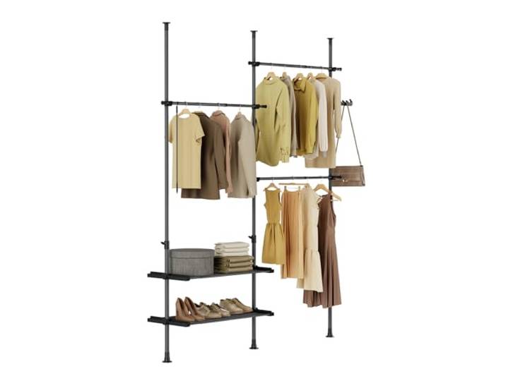 SoBuy Portant à vêtements télescopique solide - Penderie ouverte réglable avec tringles et étagères\, Porte manteau pour chambre/dressing\, Noir FRG34-II-SCH