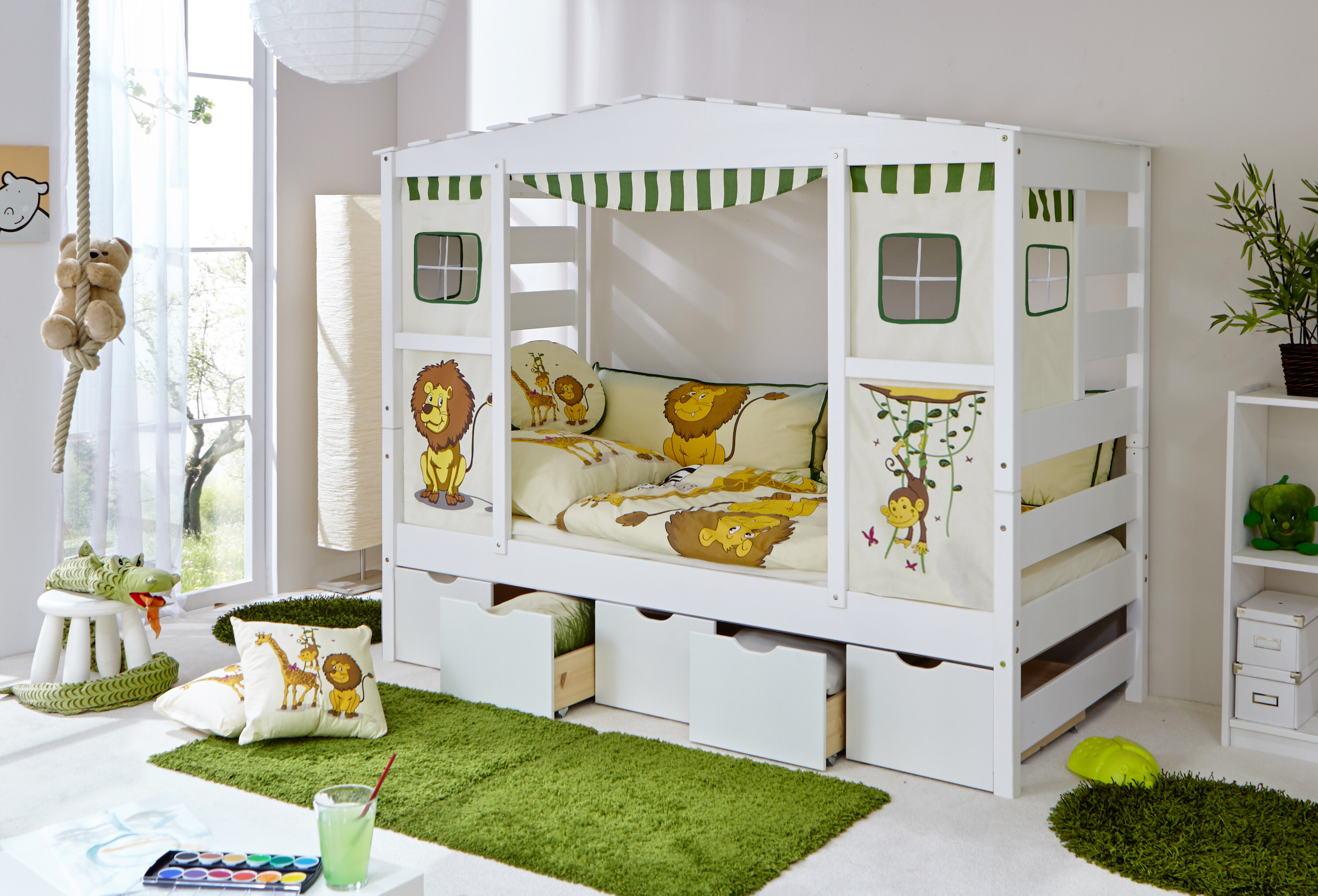 Hausbett Hochbett Spielbett Massivholz Kiefer Weiss Safari, Bettkasten:Maria