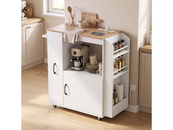 HOMCOM Desserte Cuisine Prise Électrique Roulettes Blanc