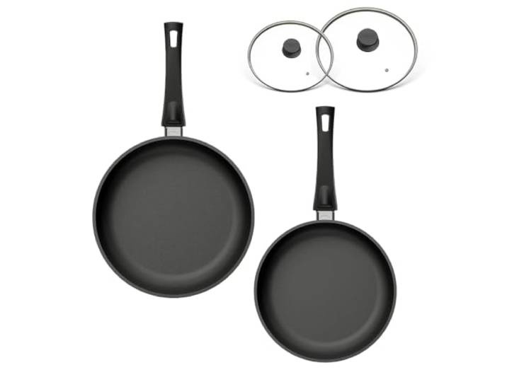 Hoffmann STONIQ Bratpfanne PFAS-frei Set 24 + 28 cm Induktionspfanne Aluhandguss Made in Germany, Antihaftbeschichtung mineralisch backofengeeignet (Mit Glasdeckel, Set 24 + 28 cm)
